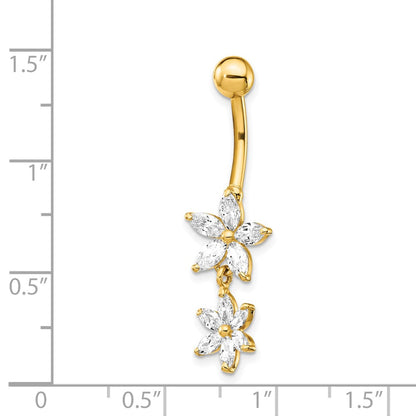 14k 14 Gauge CZ 2-Flower Dangle Belly Ring