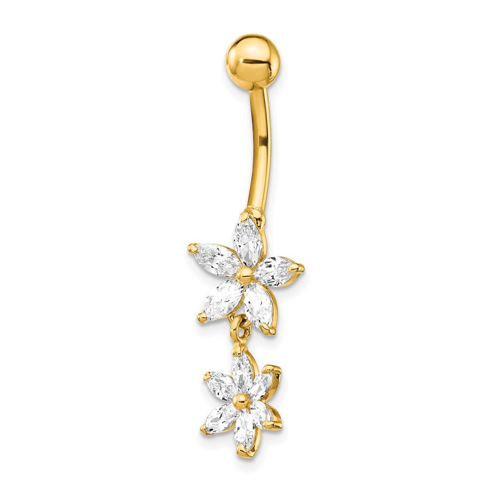 14k 14 Gauge CZ 2-Flower Dangle Belly Ring