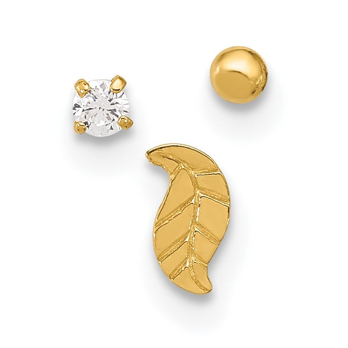 14K 22 Gauge Leaf / 2mm Ball / 2mm CZ  3-piece Nose Stud Set