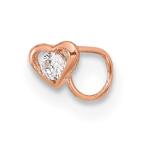 14K Rose Gold 23 Gauge CZ Heart Nose Ring Body Jewelry