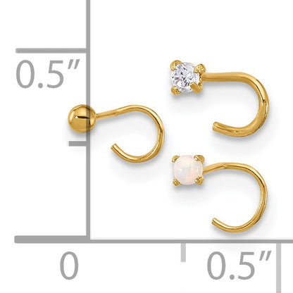 14K 22 Gauge 2mm CZ / 2mm Synthetic Opal / 2mm Ball 3-piece Nose Post Set