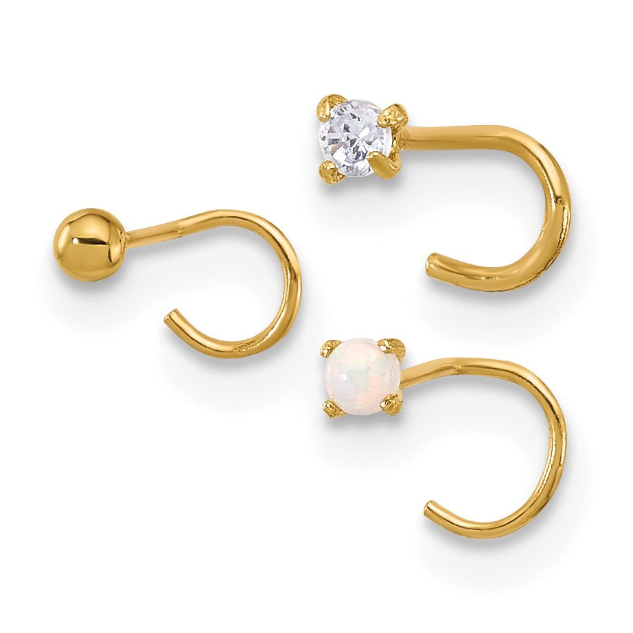 14K 22 Gauge 2mm CZ / 2mm Synthetic Opal / 2mm Ball 3-piece Nose Post Set