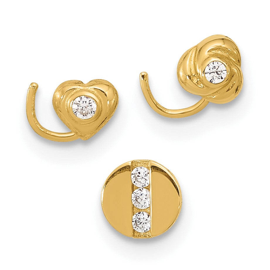 14K 22 Gauge CZ Heart / Flower / Circle 3-piece Nose Post Set