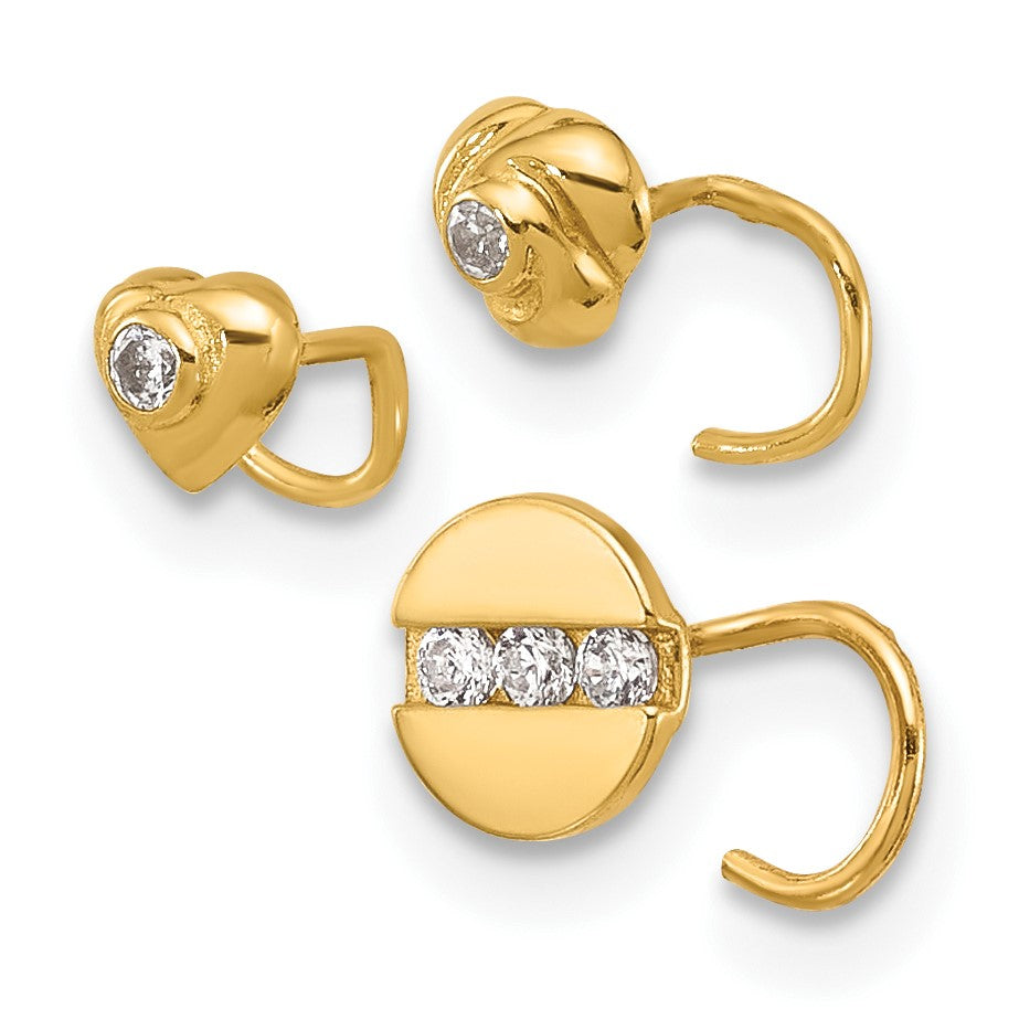 14K 22 Gauge CZ Heart / Flower / Circle 3-piece Nose Post Set