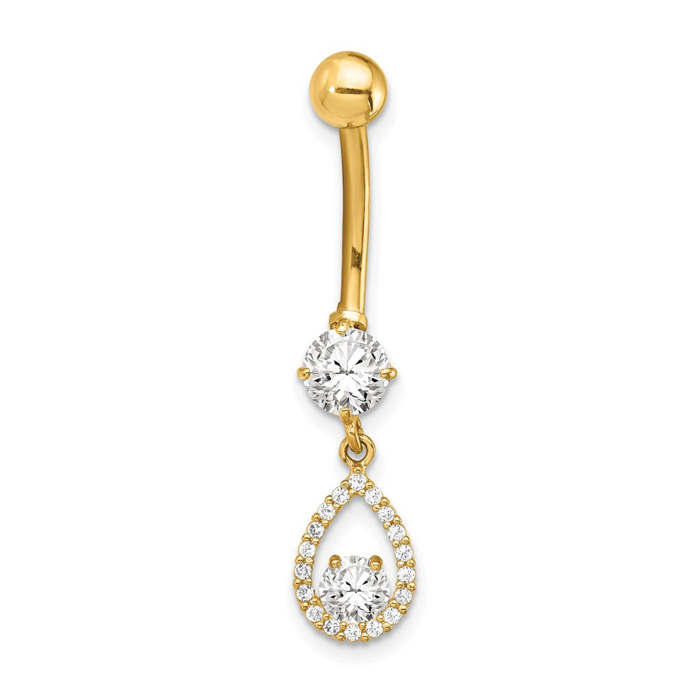 14K 14 Gauge CZ Teardrop Dangle Belly Ring