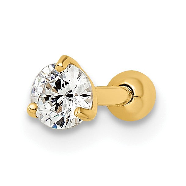14k 16 Gauge 4.25mm Round CZ Labret Stud