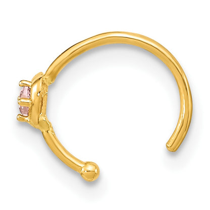 14K 20 Gauge Hoop with Heart Pink CZ Nose Ring Body Jewelry