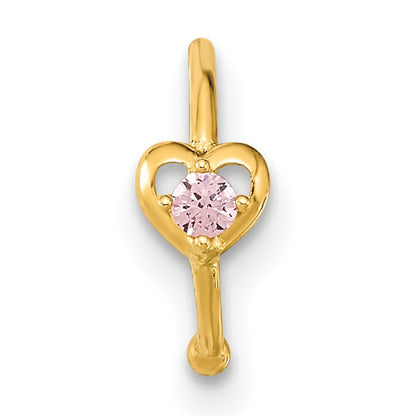 14K 20 Gauge Hoop with Heart Pink CZ Nose Ring Body Jewelry