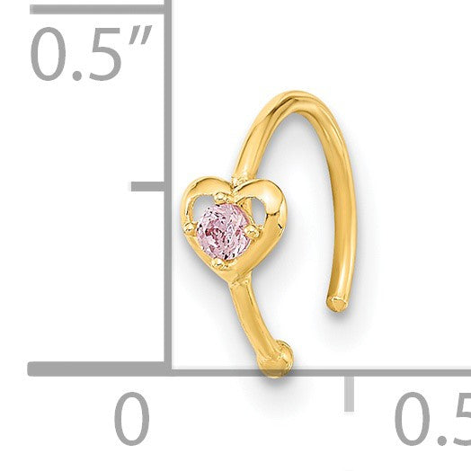14K 20 Gauge Hoop with Heart Pink CZ Nose Ring Body Jewelry