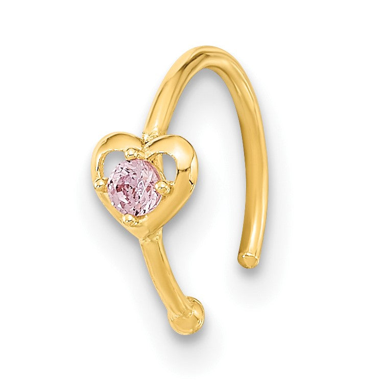 14K 20 Gauge Hoop with Heart Pink CZ Nose Ring Body Jewelry