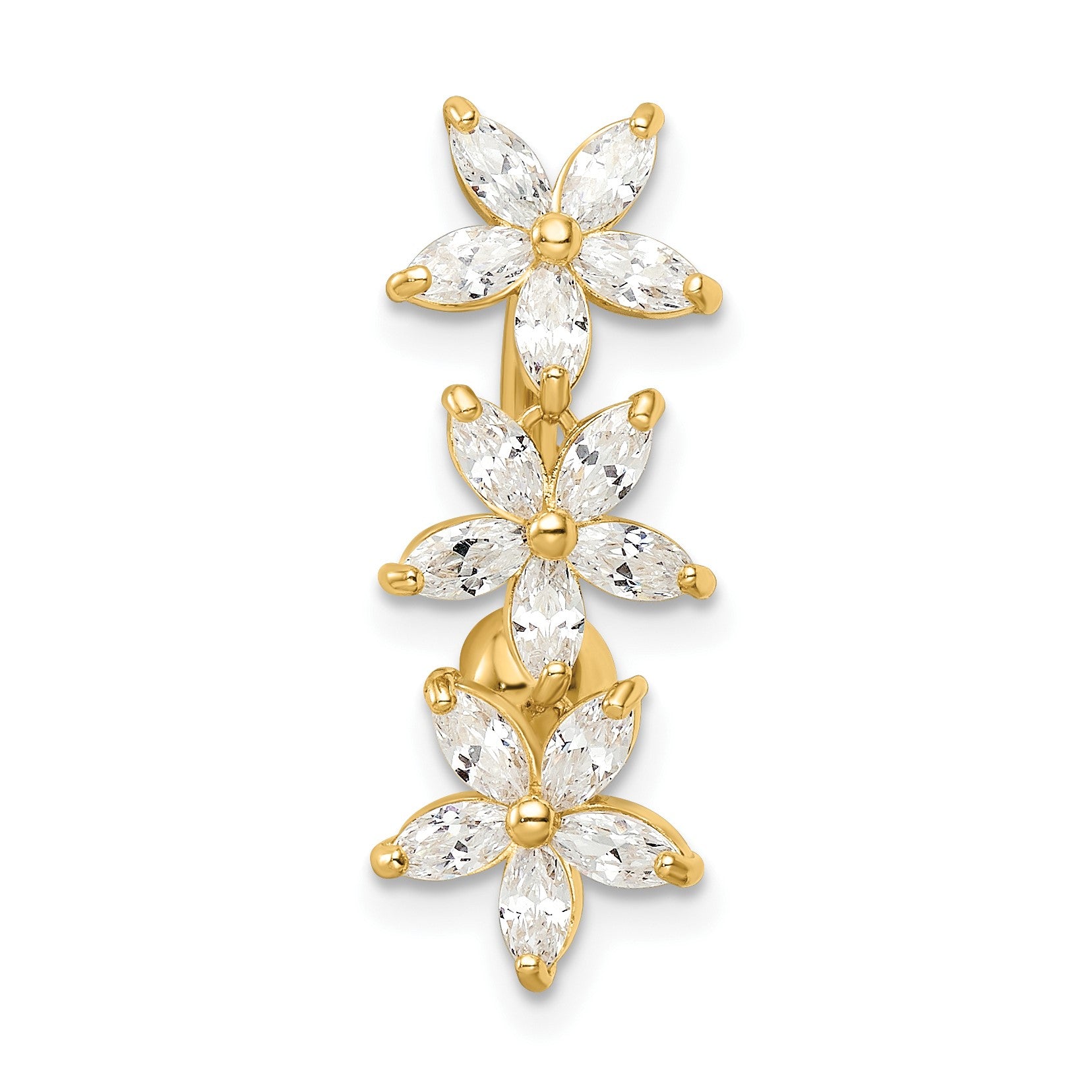 14k 14 Gauge CZ 3-Flowers Dangle Belly Ring