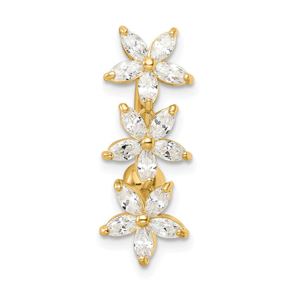14k 14 Gauge CZ 3-Flowers Dangle Belly Ring