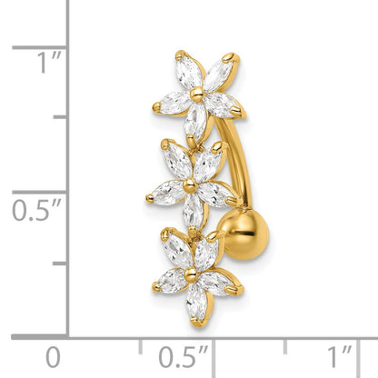 14k 14 Gauge CZ 3-Flowers Dangle Belly Ring