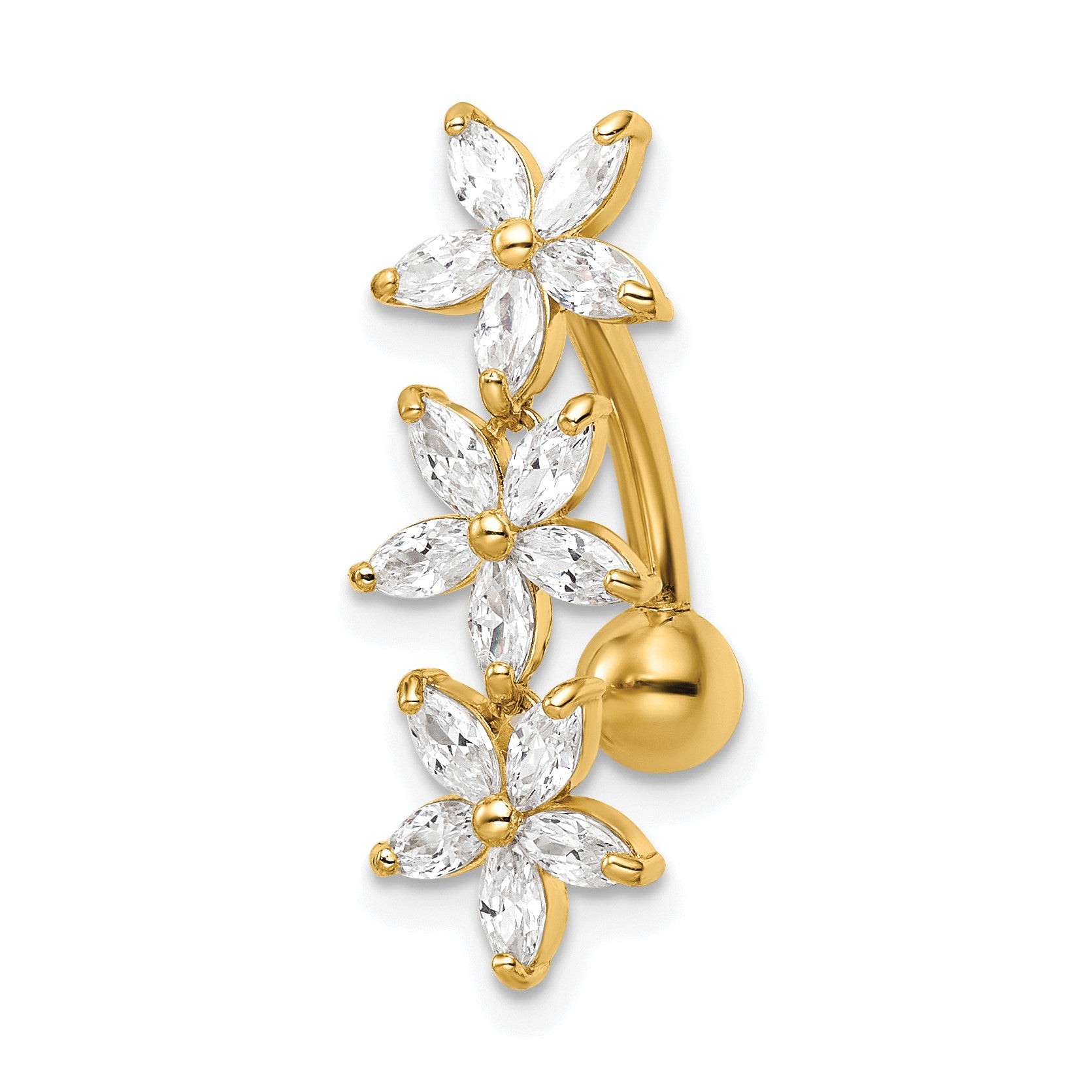 14k 14 Gauge CZ 3-Flowers Dangle Belly Ring