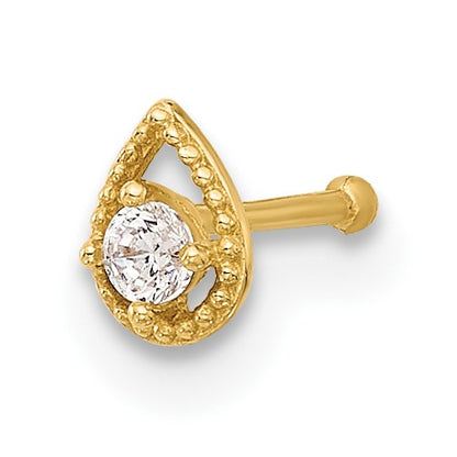 14K 20 Gauge Polished CZ Teardrop Nose Stud