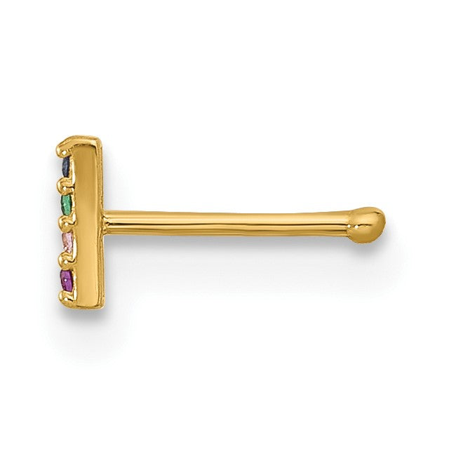 14k 22 Gauge Polished Multicolor CZ Bar Nose Stud