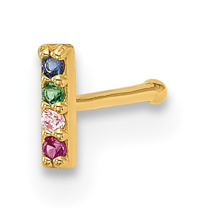 14k 22 Gauge Polished Multicolor CZ Bar Nose Stud