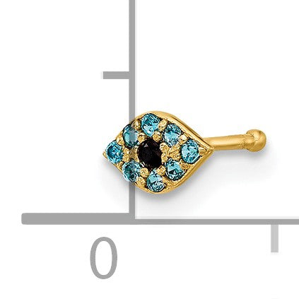 14K 20 Gauge Polished Blue and Black CZ Evil Eye Nose Stud