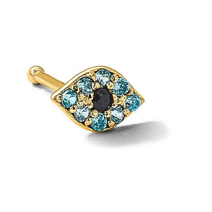 14K 20 Gauge Polished Blue and Black CZ Evil Eye Nose Stud