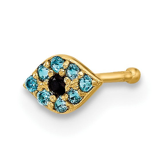 14K 20 Gauge Polished Blue and Black CZ Evil Eye Nose Stud