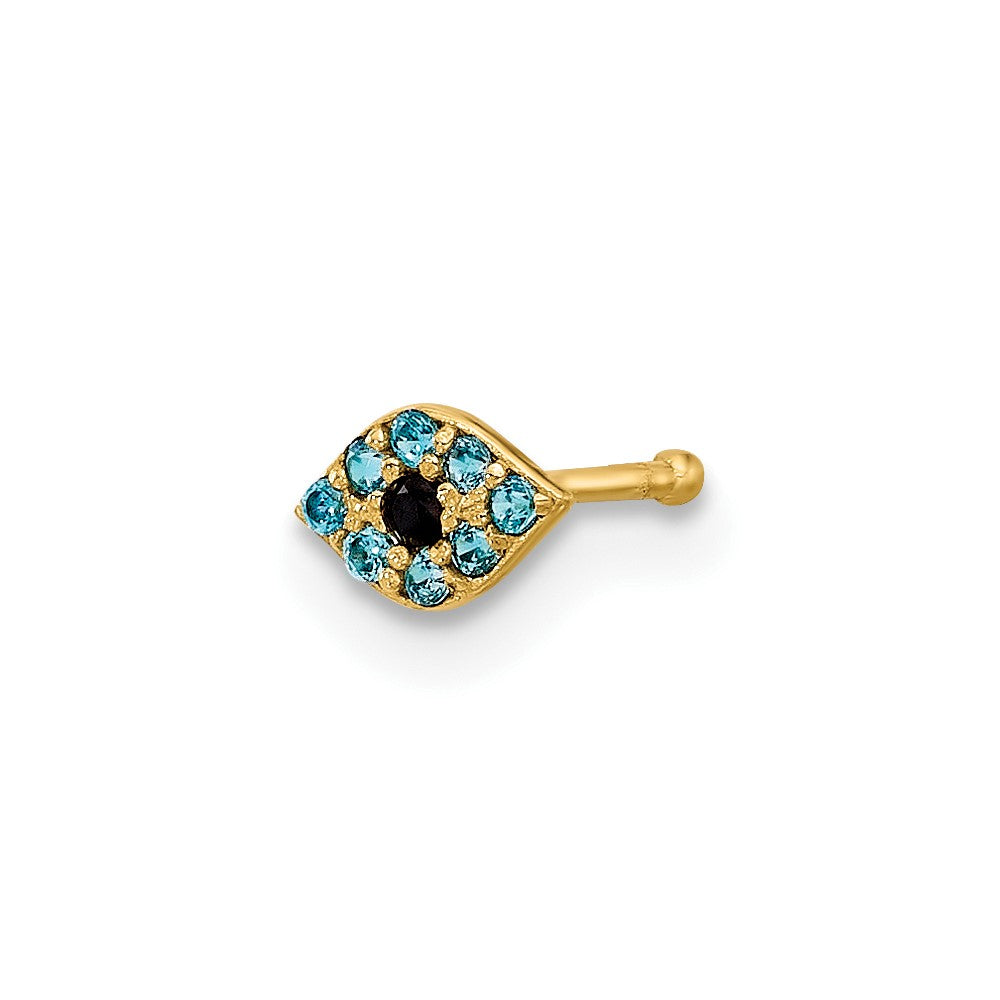 14K 20 Gauge Polished Blue CZ Evil Eye Nose Stud