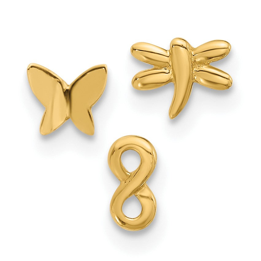 14K 22 Gauge Polished Infinity Symbol / Dragonfly / Butterfly 3-piece Nose Stud Set