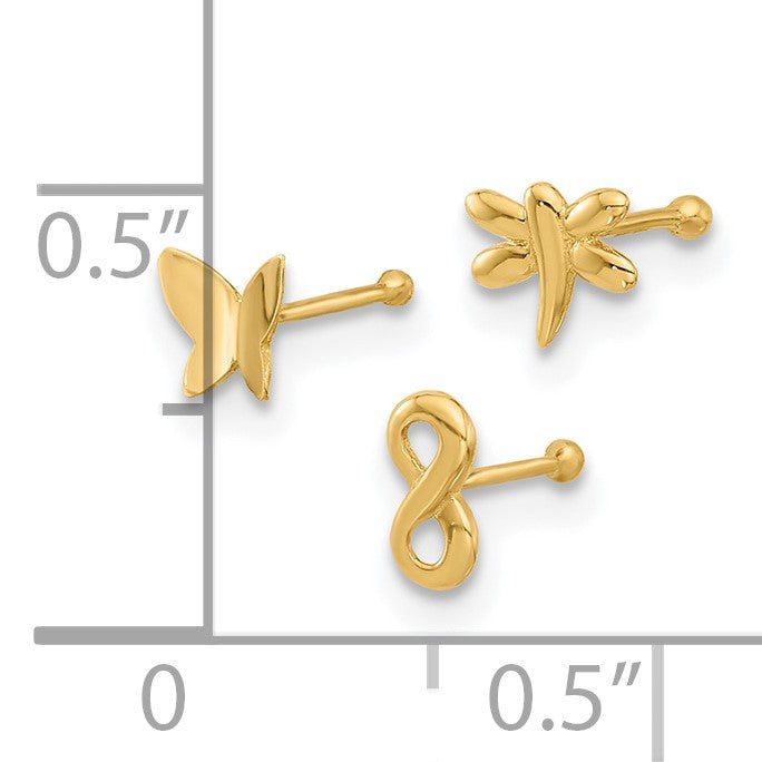 14K 22 Gauge Polished Infinity Symbol / Dragonfly / Butterfly 3-piece Nose Stud Set