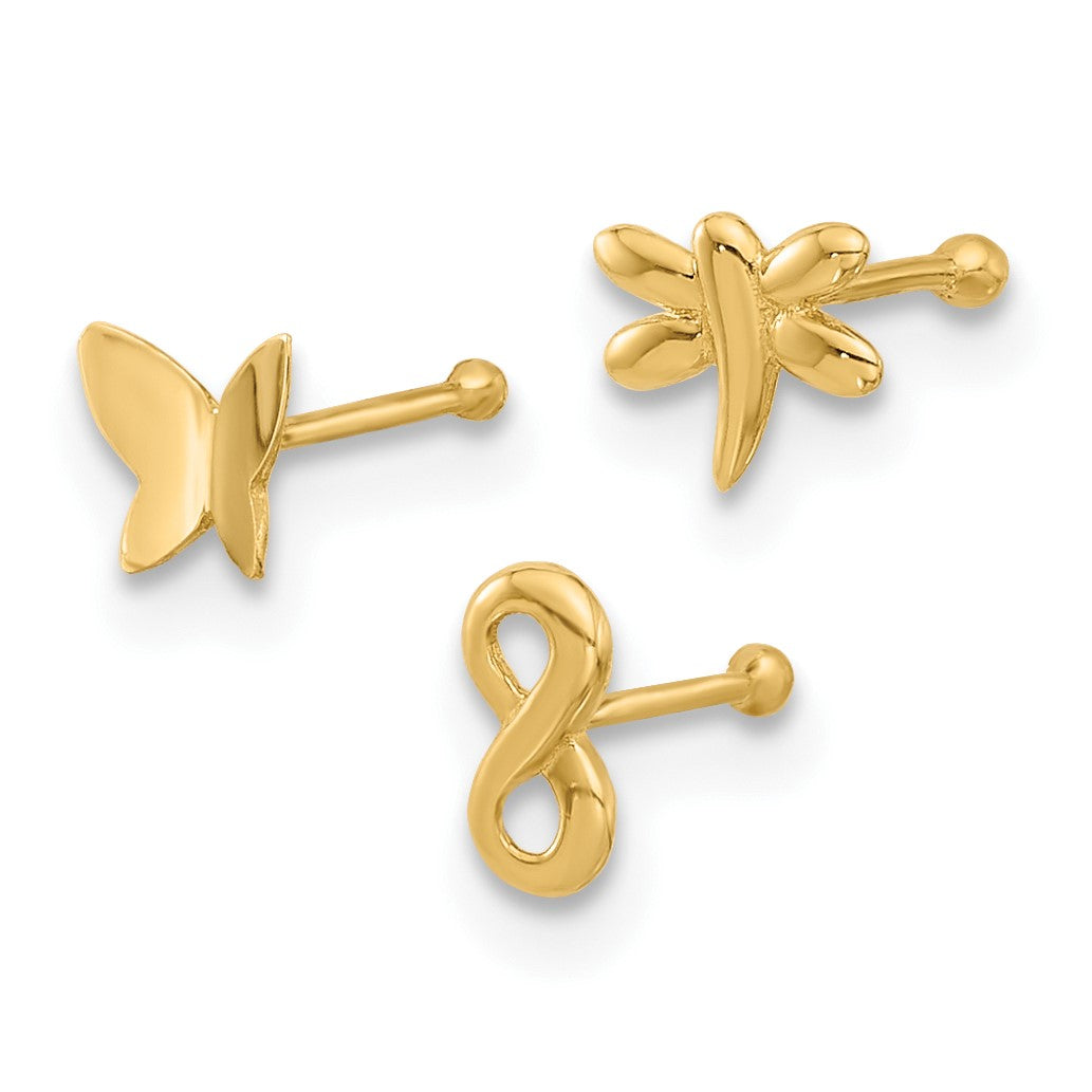 14K 22 Gauge Polished Infinity Symbol / Dragonfly / Butterfly 3-piece Nose Stud Set