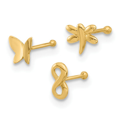 14K 22 Gauge Polished Infinity Symbol / Dragonfly / Butterfly 3-piece Nose Stud Set