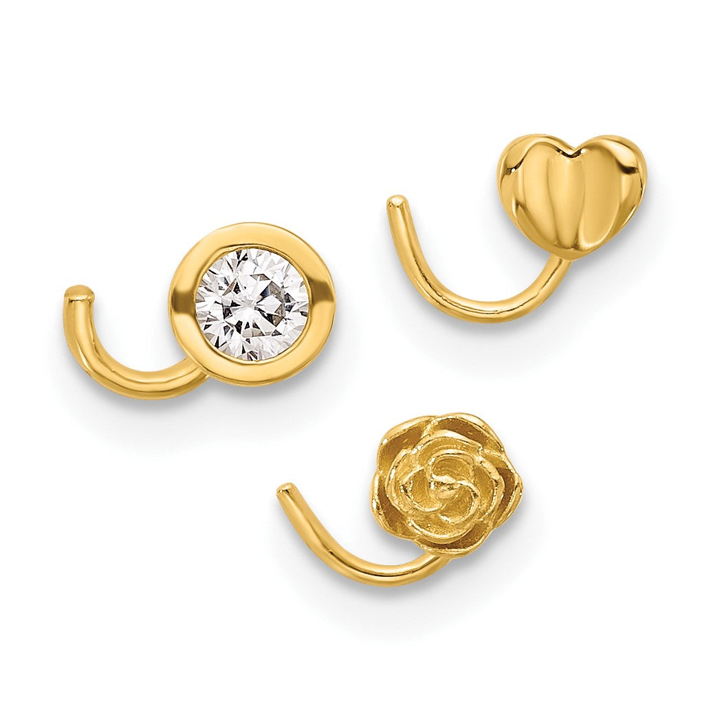 14K 22 Gauge Polished CZ Bezel / Flower / Heart 3-piece Nose Ring Set