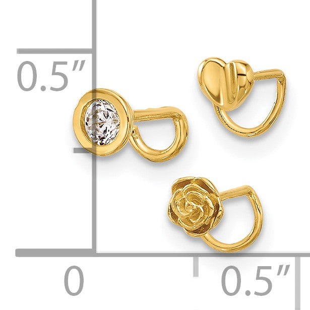 14K 22 Gauge Polished CZ Bezel / Flower / Heart 3-piece Nose Ring Set
