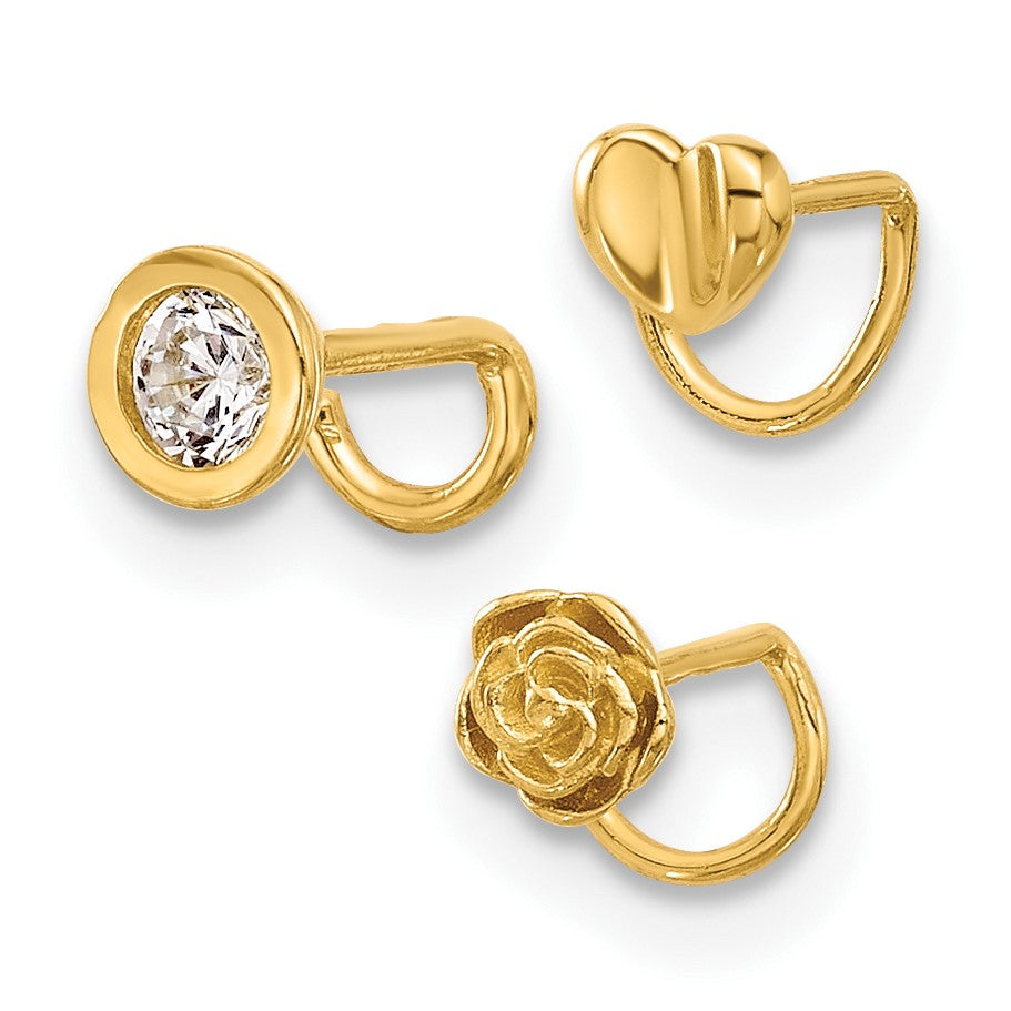 14K 22 Gauge Polished CZ Bezel / Flower / Heart 3-piece Nose Ring Set