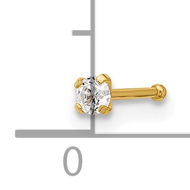 14k 22 Gauge Polished 2.5mm Round CZ Nose Stud