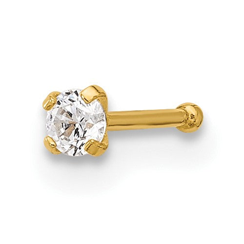 14k 22 Gauge Polished 2.5mm Round CZ Nose Stud