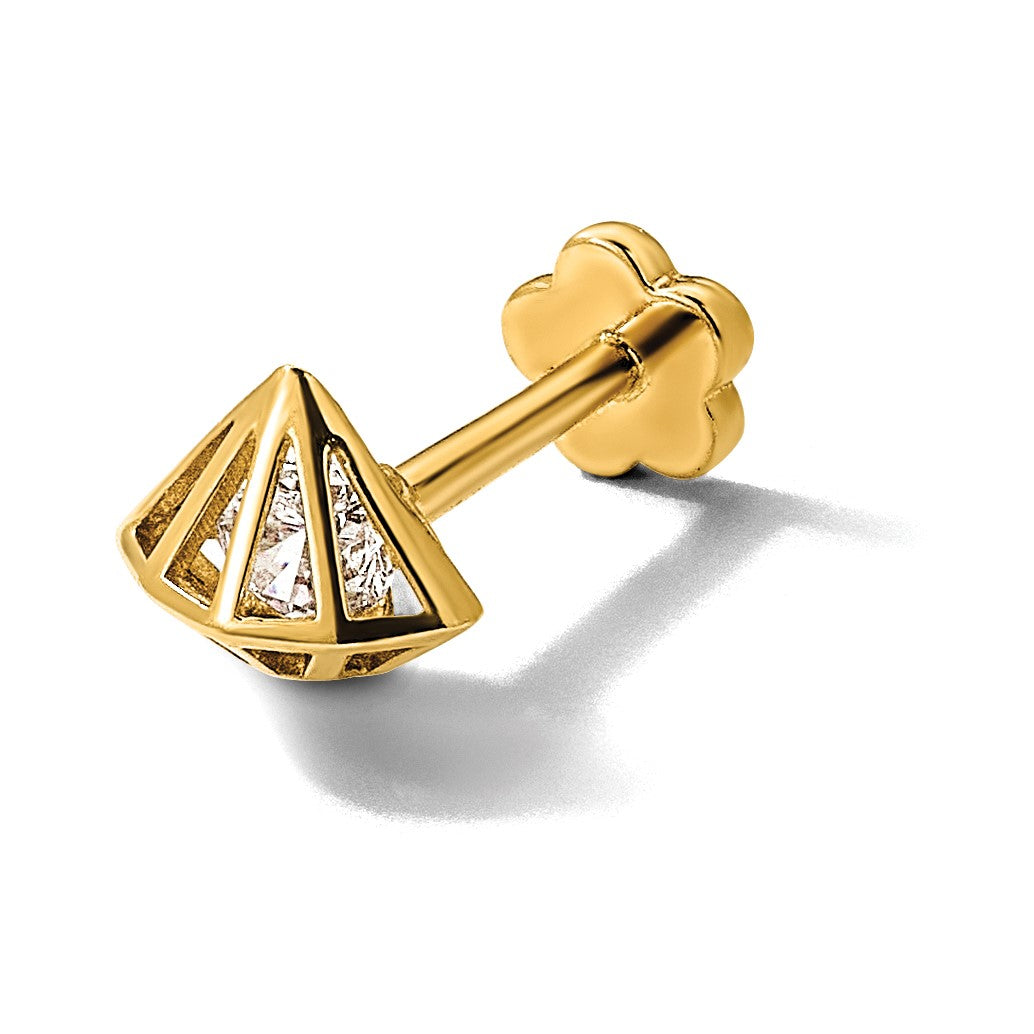 14K 18 Gauge Polished CZ 3-D Diamond-Shaped Cartilage Body Jewelry