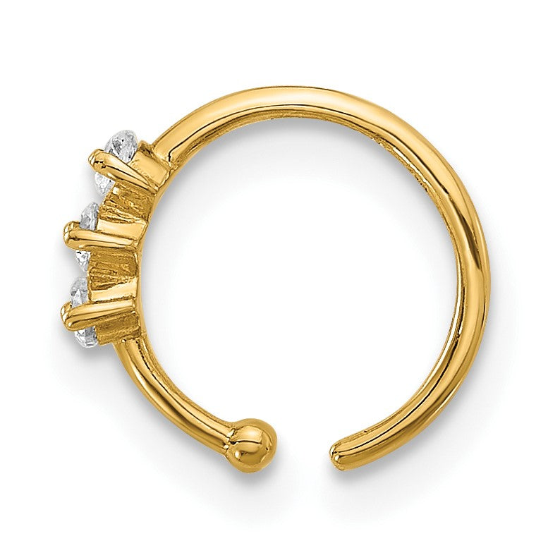 14K 20 Gauge Polished 3-Stone CZ Nose Ring
