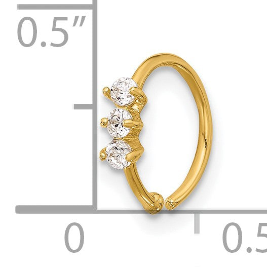 14K 20 Gauge Polished 3-Stone CZ Nose Ring