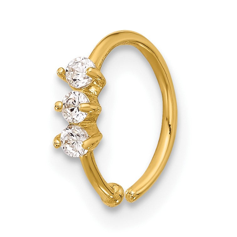 14K 20 Gauge Polished 3-Stone CZ Nose Ring