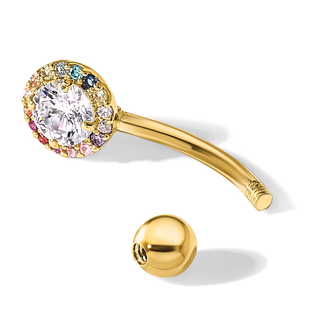 14k 14 Gauge Polished Rainbow CZ Halo Navel/Belly Ring