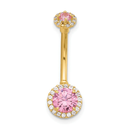 14K 14 Gauge Polished Pink and White CZ Halo Navel/Belly Ring