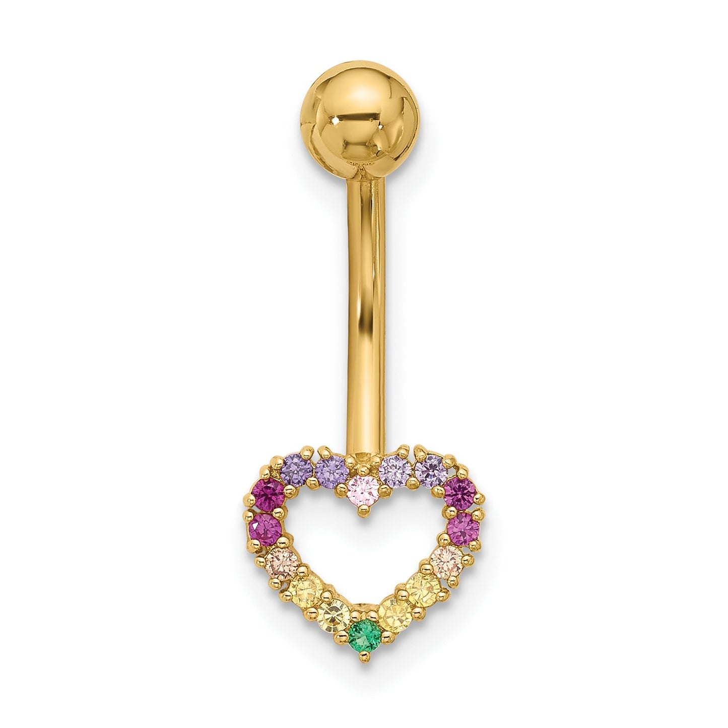 14k 14 Gauge Polished Rainbow CZ Heart Navel/Belly Ring