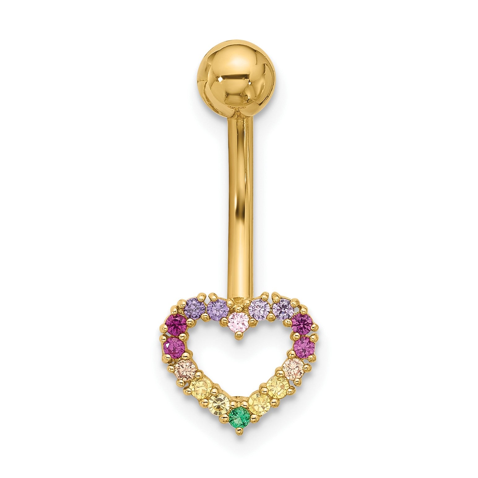 14k 14 Gauge Polished Rainbow CZ Heart Navel/Belly Ring