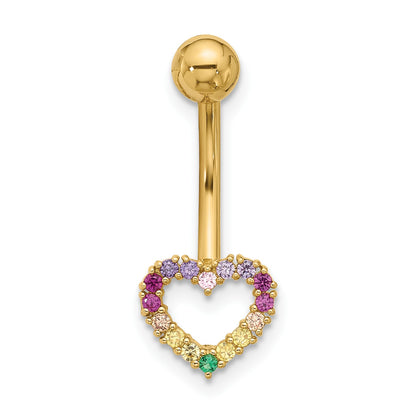 14k 14 Gauge Polished Rainbow CZ Heart Navel/Belly Ring