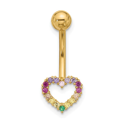 14k 14 Gauge Polished Rainbow CZ Heart Belly / Navel Ring