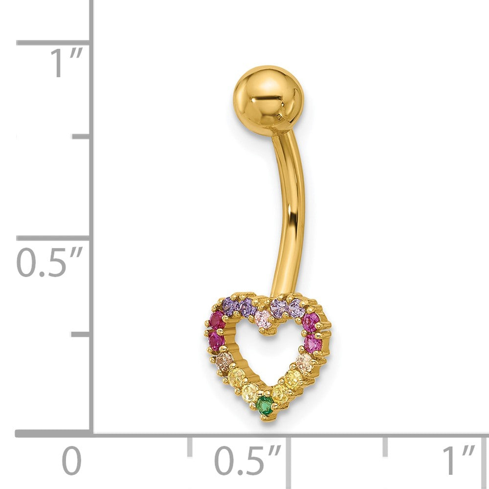 14k 14 Gauge Polished Rainbow CZ Heart Belly / Navel Ring