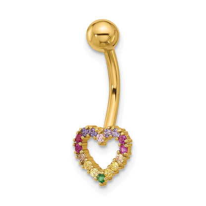 14k 14 Gauge Polished Rainbow CZ Heart Belly / Navel Ring