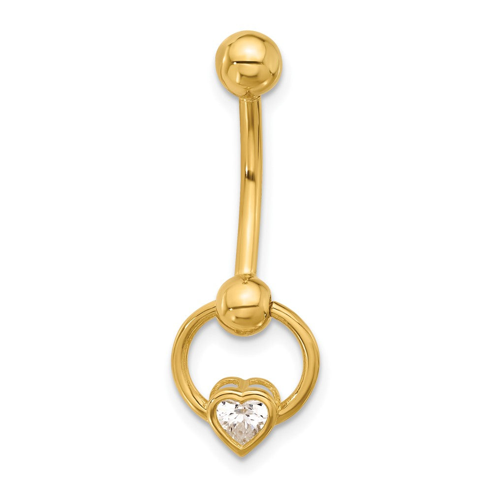 14K 14 Gauge Polished CZ Heart Dangle Navel/Belly Ring