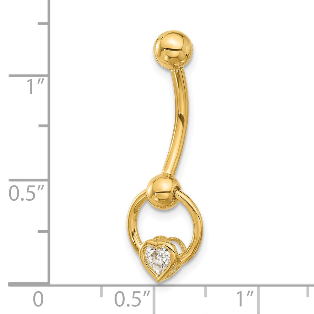 14K 14 Gauge Polished CZ Heart Dangle Navel/Belly Ring