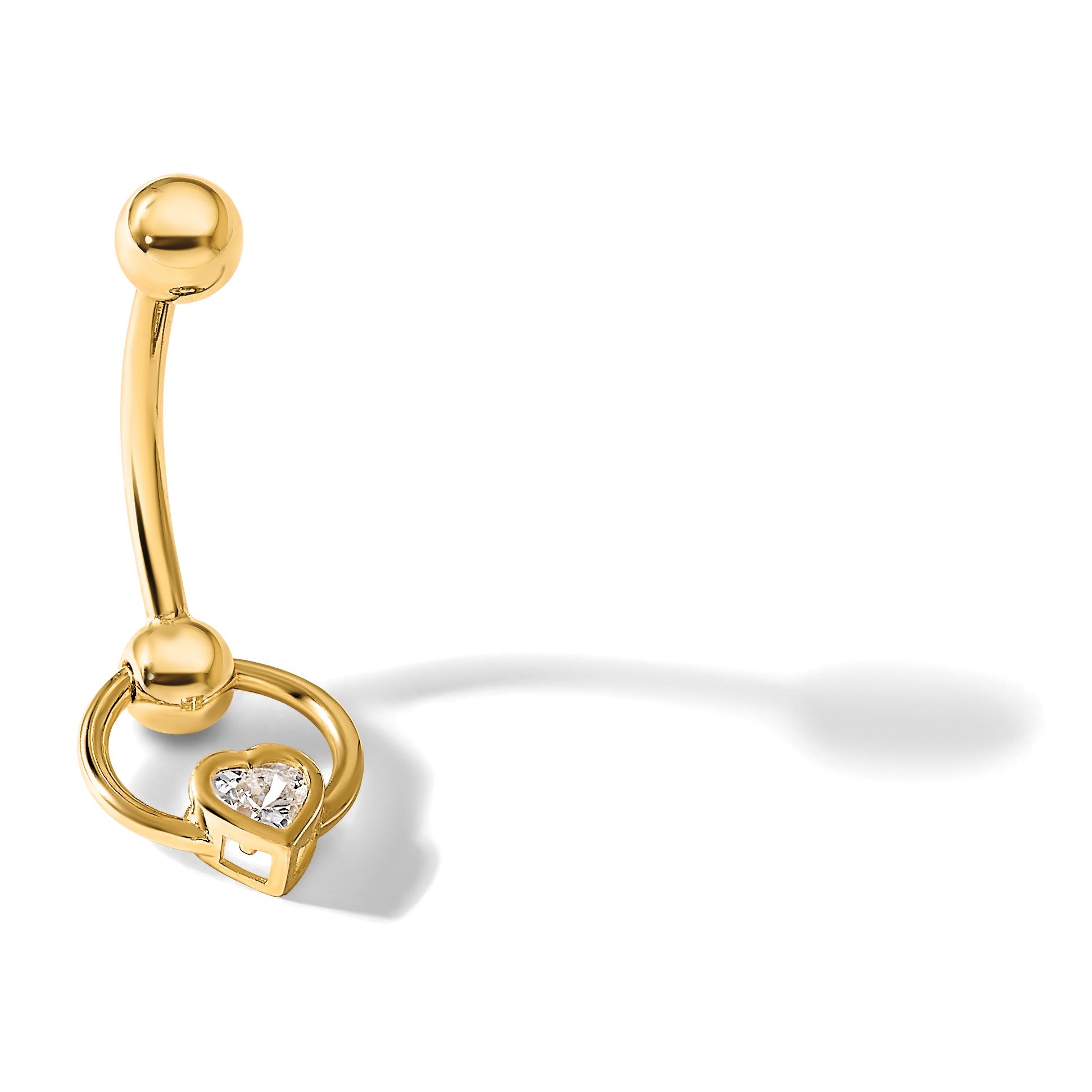 14K 14 Gauge Polished CZ Heart Dangle Navel/Belly Ring