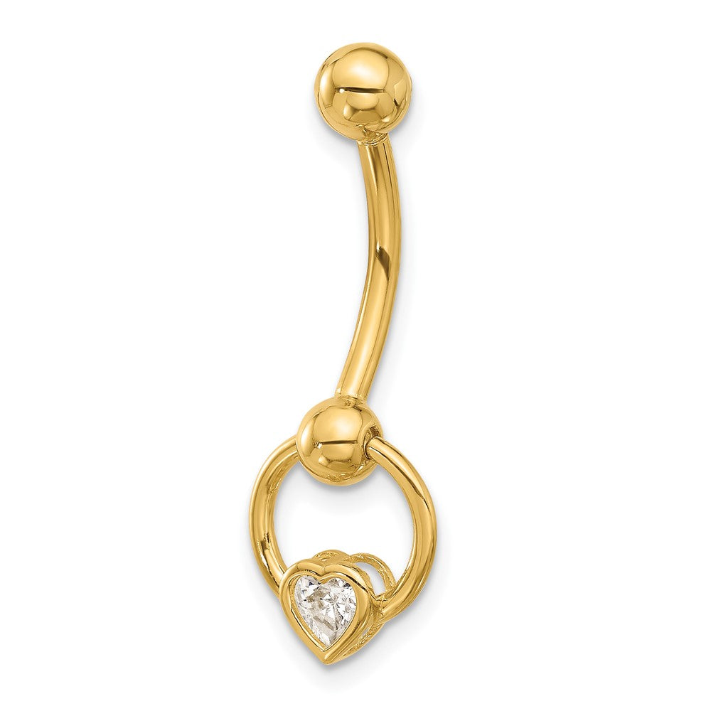 14K 14 Gauge Polished CZ Heart Dangle Navel/Belly Ring